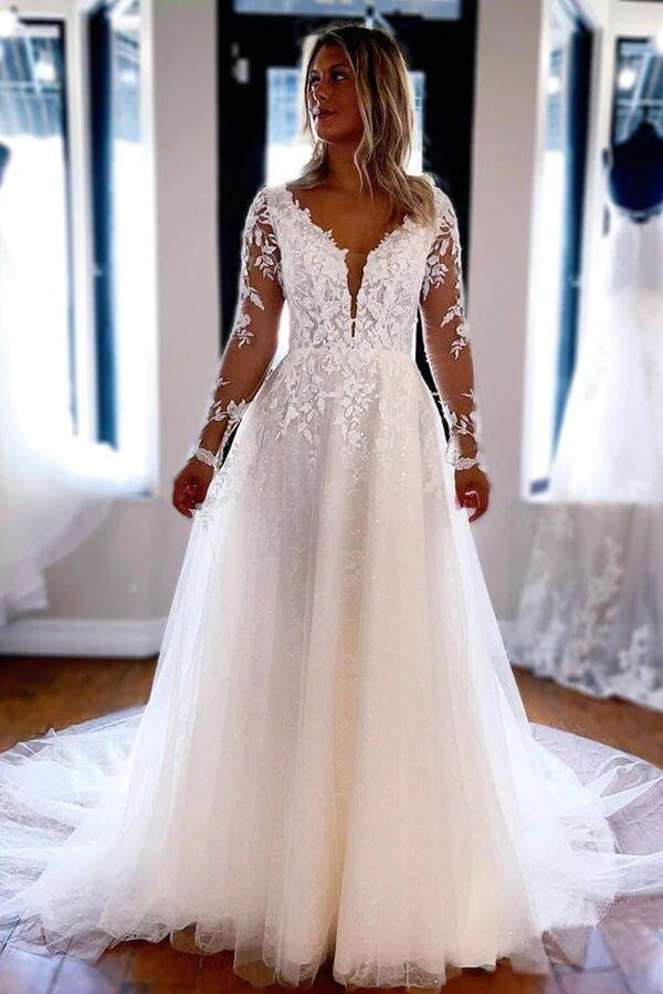 Vestido de novia de tul con encaje, corte en A, escote en V y mangas largas, MW717
