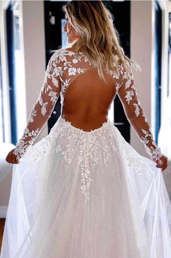 Vestido de novia de tul con encaje, corte en A, escote en V y mangas largas, MW717