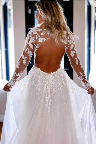 sss NumberSea Tulle Lace A-line V-neck Long Sleeves Wedding Dresses, Wedding Gown, MW717