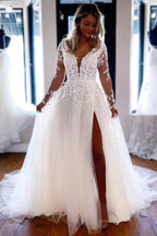 Vestido de novia de tul con encaje, corte en A, escote en V y mangas largas, MW717
