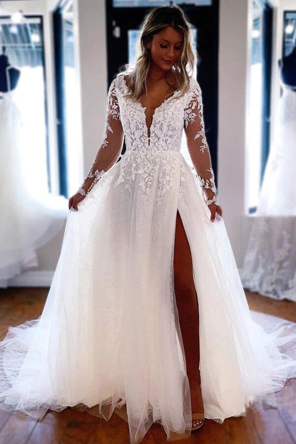 Vestido de novia de tul con encaje, corte en A, escote en V y mangas largas, MW717