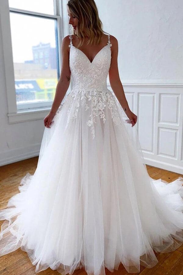 Vestido de novia NumberSea de tul con encaje, escote en V, tirantes finos y espalda descubierta, MW656