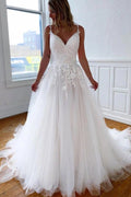 Vestido de novia NumberSea de tul con encaje, escote en V, tirantes finos y espalda descubierta, MW656