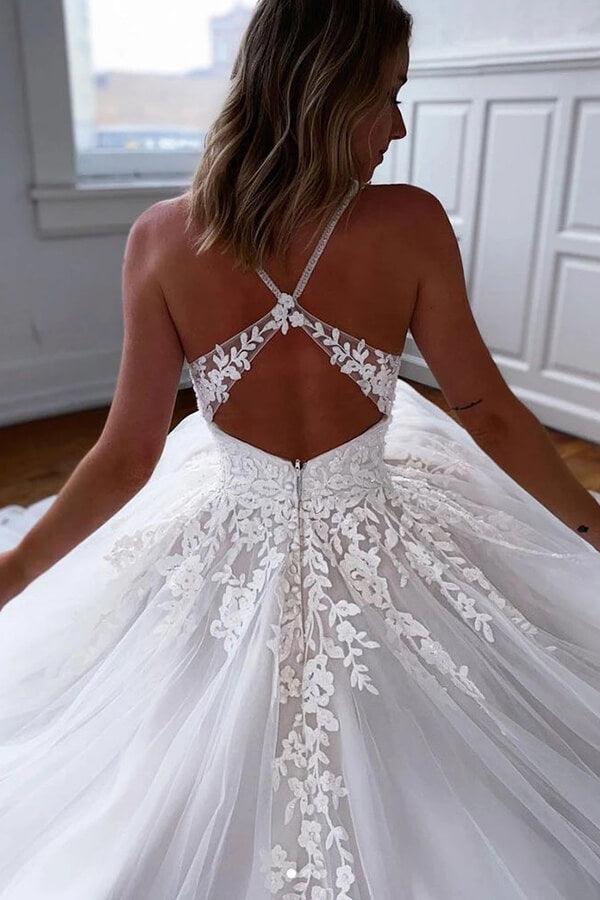 Vestido de novia NumberSea de tul con encaje, escote en V, tirantes finos y espalda descubierta, MW656