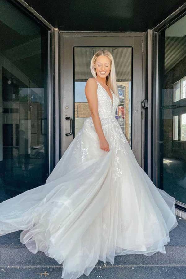 Vestido de novia NumberSea de tul con encaje, corte A, escote en V y apliques, MW736