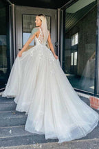 Vestido de novia NumberSea de tul con encaje, corte A, escote en V y apliques, MW736