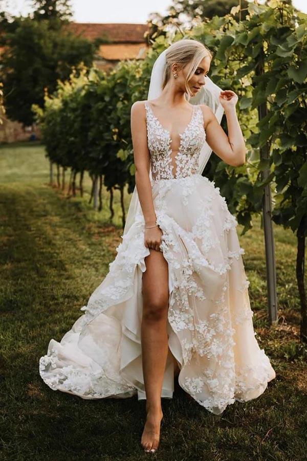 Vestido de novia NumberSea con escote en V, apliques de tul y encaje, corte A y cola larga, MW898