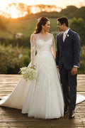 NumberSea Tulle Lace Long Sleeves Rustic Wedding Dresses With Detachable Satin