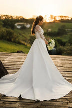 NumberSea Tulle Lace Long Sleeves Rustic Wedding Dresses With Detachable Satin