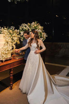 NumberSea Tulle Lace Long Sleeves Rustic Wedding Dresses With Detachable Satin