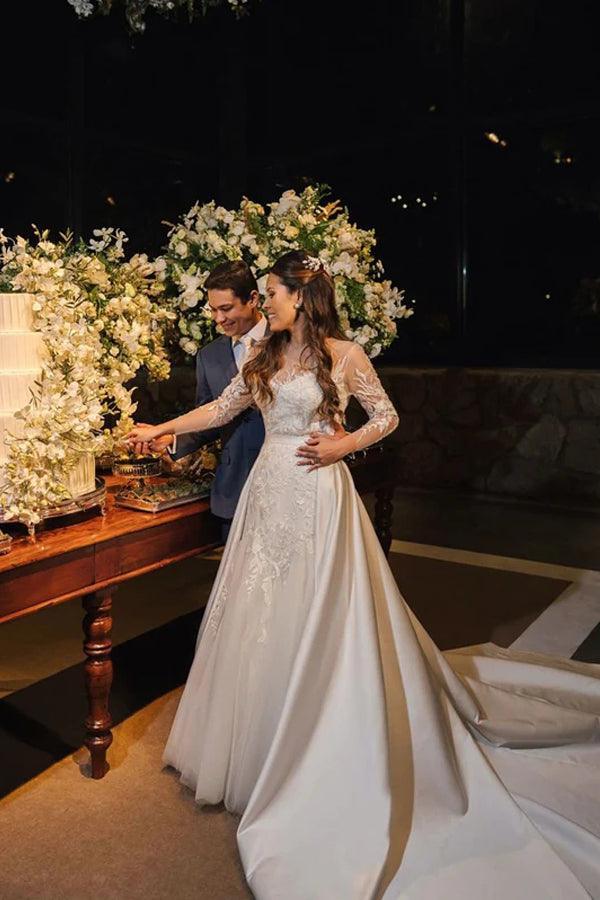 NumberSea Tulle Lace Long Sleeves Rustic Wedding Dresses With Detachable Satin
