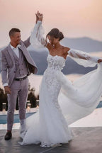 NumberSea Tulle Lace Mermaid Beach Wedding Dresses With Detachable Train