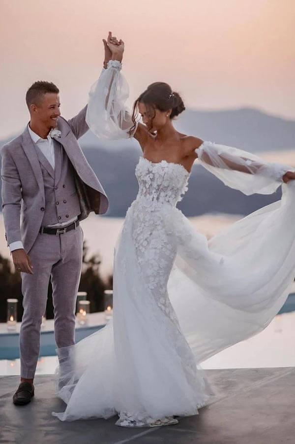 Vestido de novia de playa de sirena con encaje de tul y cola desmontable NumberSea, MW899