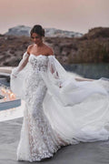 NumberSea Tulle Lace Mermaid Beach Wedding Dresses With Detachable Train