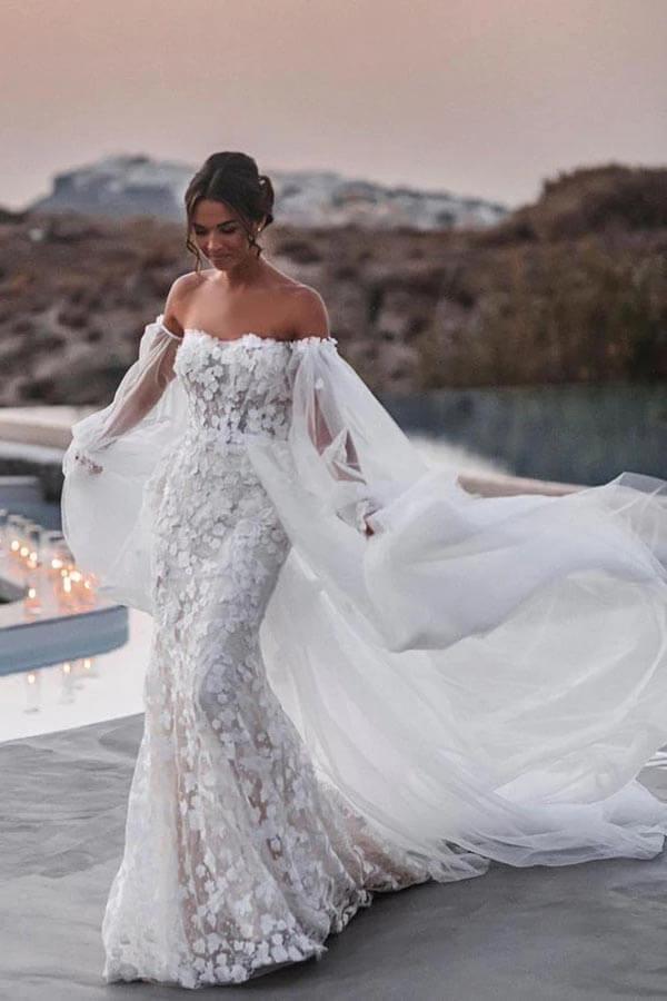 Vestido de novia de playa de sirena con encaje de tul y cola desmontable NumberSea, MW899