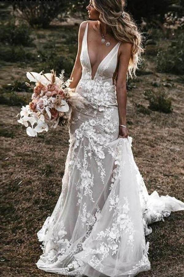 NumberSea Tulle Lace Mermaid V Neck Wedding Dresses, Beach Wedding Dress