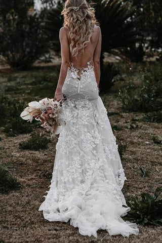 NumberSea Tulle Lace Mermaid V Neck Wedding Dresses, Beach Wedding Dress, MW543