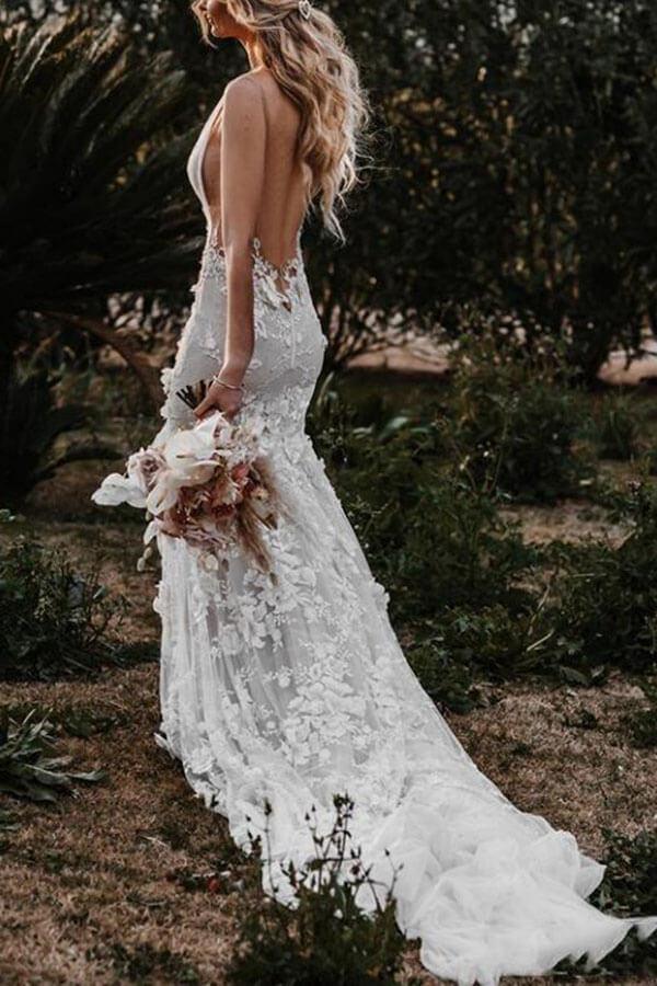 NumberSea Tulle Lace Mermaid V Neck Wedding Dresses, Beach Wedding Dress