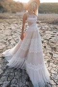 Vestido de novia bohemio NumberSea con tirantes finos, tul y encaje, corte A, MW715