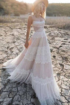 Vestido de novia bohemio NumberSea con tirantes finos, tul y encaje, corte A, MW715