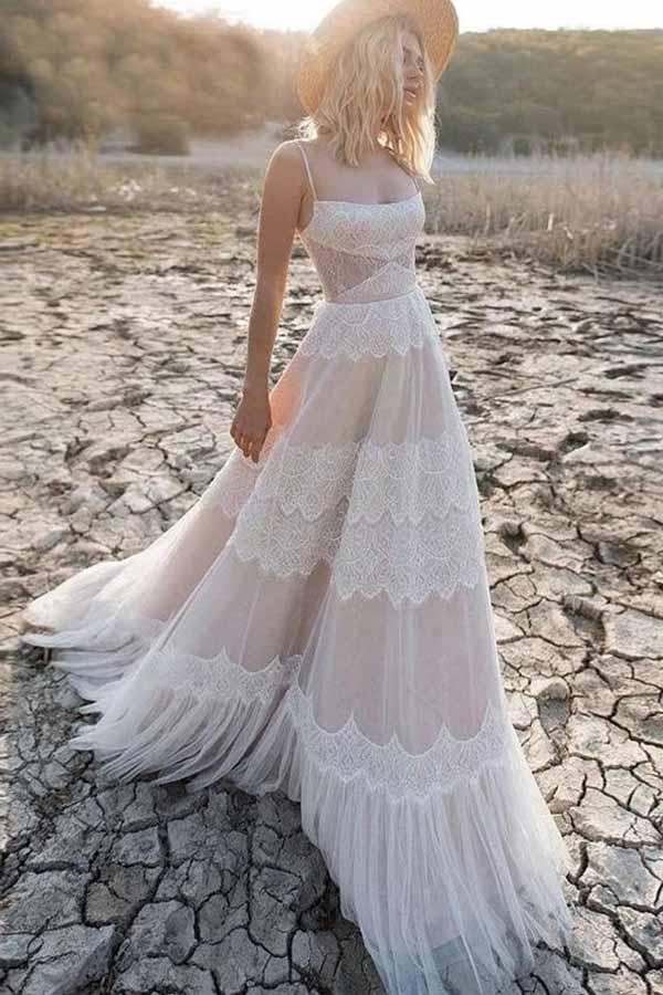 Vestido de novia bohemio NumberSea con tirantes finos, tul y encaje, corte A, MW715
