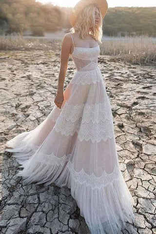 NumberSea Tulle Lace Spaghetti Straps Boho Wedding Dresses, A-line Bridal Gown, MW715