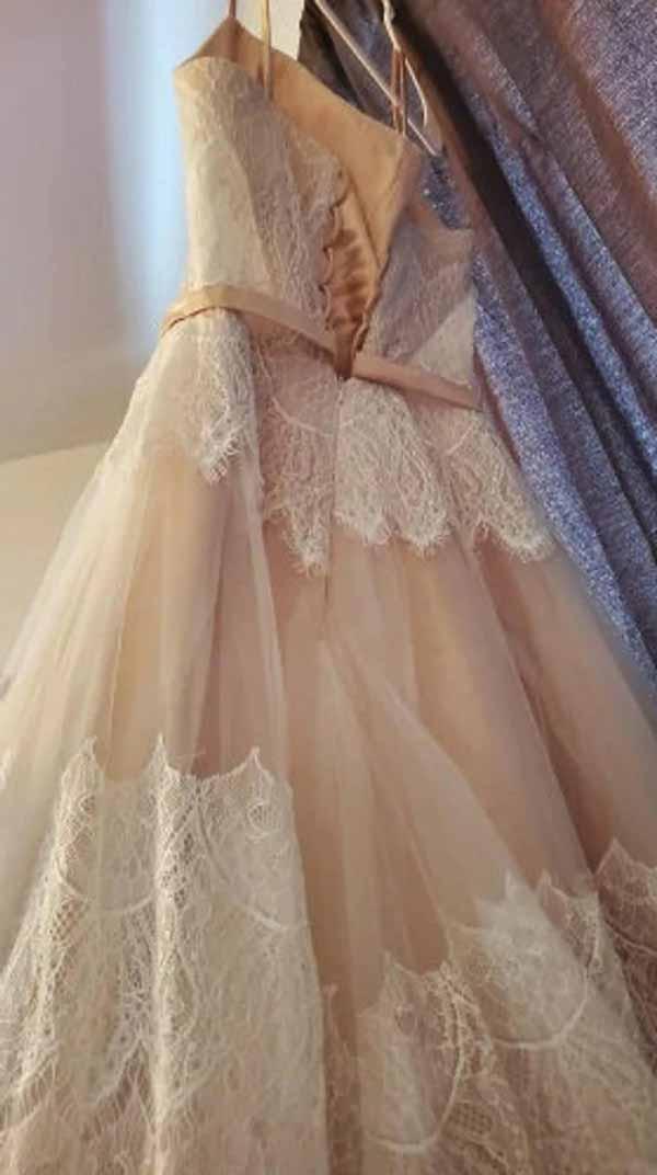 Vestido de novia bohemio NumberSea con tirantes finos, tul y encaje, corte A, MW715