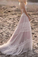 Vestido de novia bohemio NumberSea con tirantes finos, tul y encaje, corte A, MW715