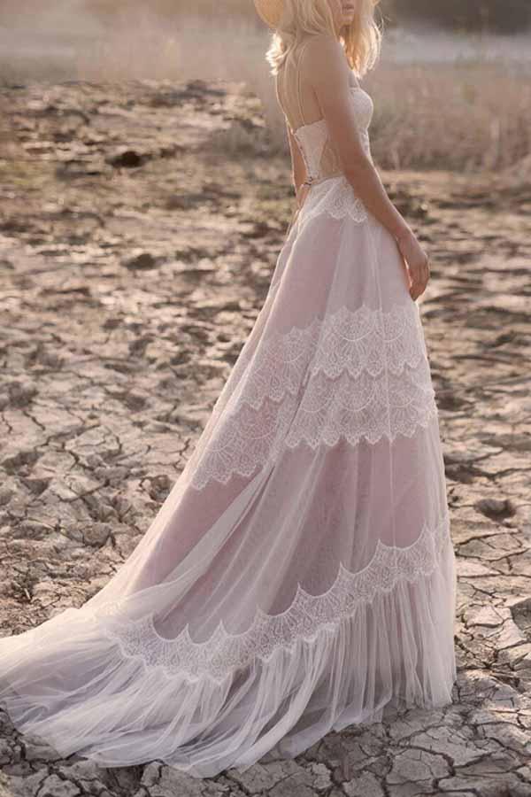Vestido de novia bohemio NumberSea con tirantes finos, tul y encaje, corte A, MW715