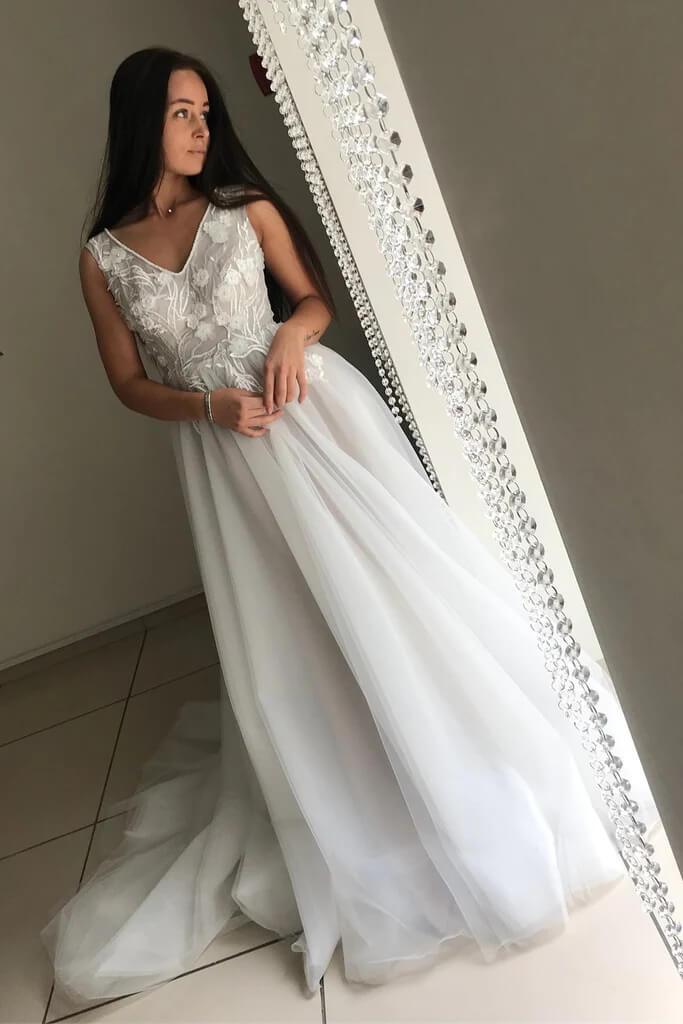 Vestido de novia NumberSea con escote en V, corte A y top de encaje de tul, con apliques, MW763