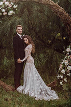 Vestido de novia NumberSea de tul, sirena, espalda descubierta, mangas largas, encaje y cola, MW1023