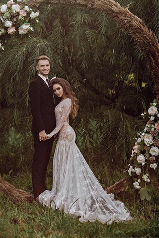 NumberSea Tulle Mermaid Backless Long sleeves Lace Wedding Dresses With Train, MW1023