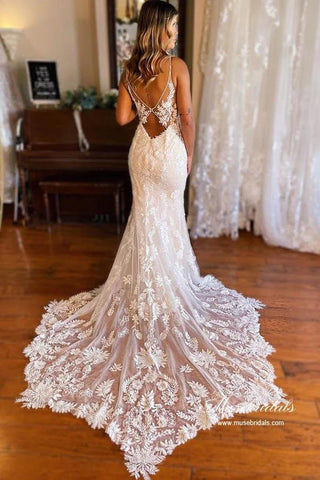 NumberSea Tulle Mermaid Spaghetti Straps V-neck Lace Appliques Wedding Dresses, MW870