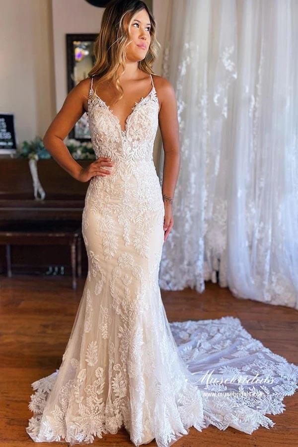 Vestido de novia NumberSea de tul, corte sirena, tirantes finos, escote en V, apliques de encaje, MW870