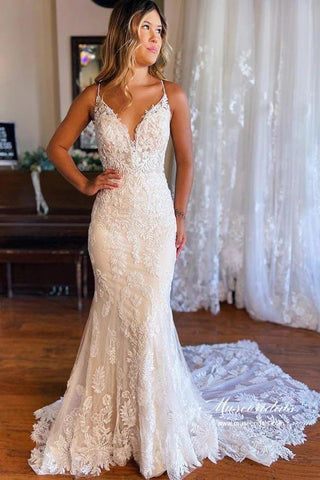 NumberSea Tulle Mermaid Spaghetti Straps V-neck Lace Appliques Wedding Dresses, MW870