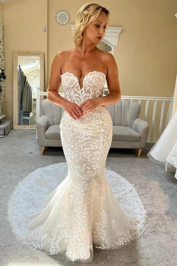 Vestido de novia NumberSea de tul, corte sirena, sin tirantes, escote corazón, apliques de encaje, talla MW1000