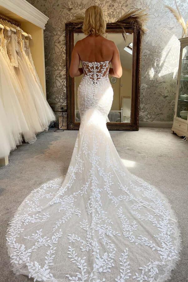 Vestido de novia NumberSea de tul, corte sirena, sin tirantes, escote corazón, apliques de encaje, talla MW1000