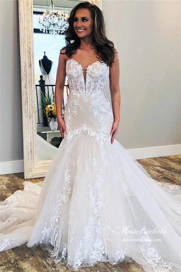 Vestido de novia NumberSea de tul, sirena, sin tirantes, escote corazón, apliques de encaje, MW995