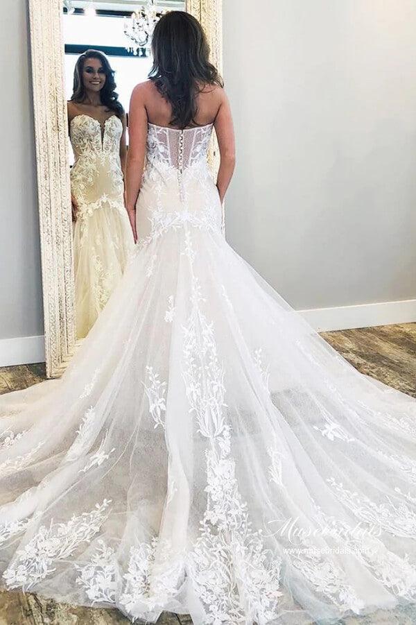 Vestido de novia NumberSea de tul, sirena, sin tirantes, escote corazón, apliques de encaje, MW995