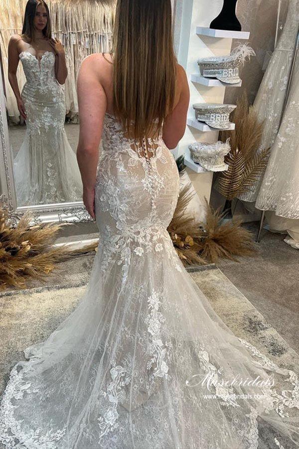 Vestido de novia NumberSea de tul, corte sirena, escote corazón, apliques de encaje y cola, MW922