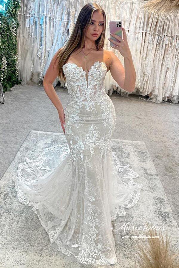 Vestido de novia NumberSea de tul, corte sirena, escote corazón, apliques de encaje y cola, MW922