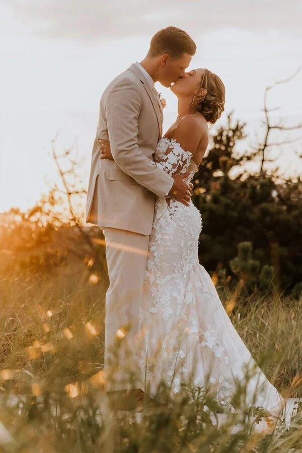 Vestido de novia NumberSea de tul, corte sirena, escote corazón, mangas largas, apliques de encaje, MW1014