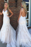 Vestido de novia NumberSea de tul, corte sirena, escote en V, espalda descubierta, apliques de encaje y cola, MW994