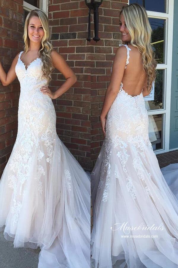 Vestido de novia NumberSea de tul, corte sirena, escote en V, espalda descubierta, apliques de encaje y cola, MW994