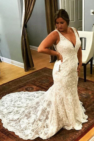 NumberSea Tulle Mermaid V-neck Lace Appliques Wedding Dresses, Bridal Gown, MW853