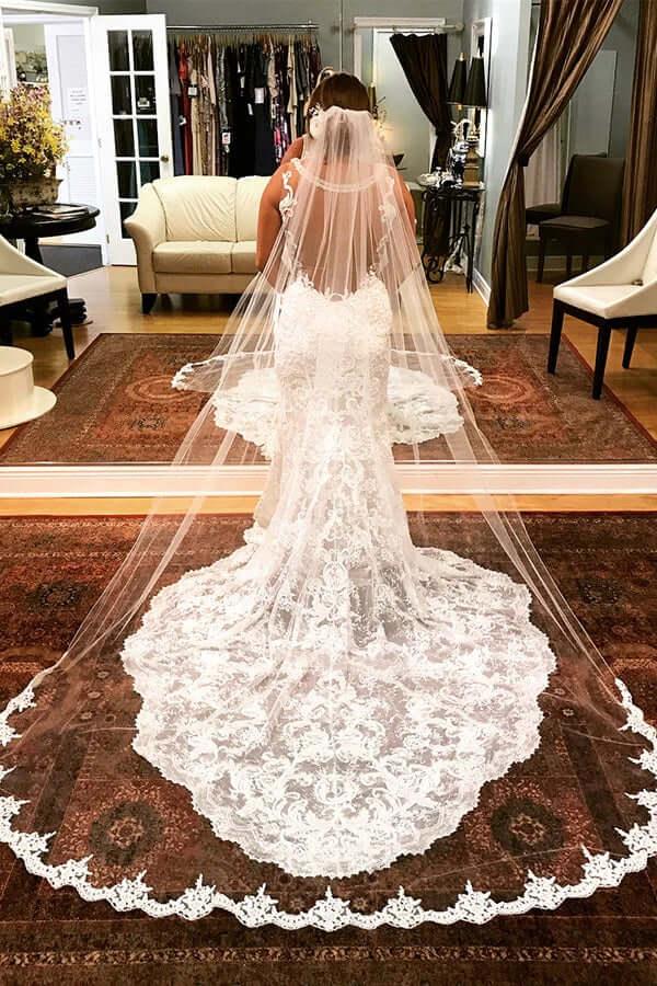 NumberSea Tulle Mermaid V-neck Lace Appliques Wedding Dresses, Bridal Gown, MW853
