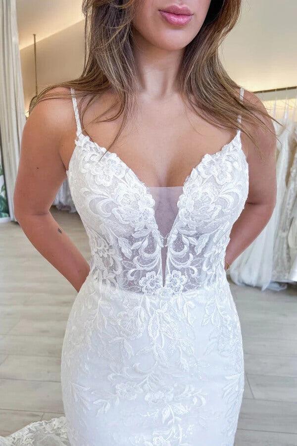 NumberSea Tulle Mermaid V-neck Lace Appliques Wedding Dresses, Bridal Gown, MW927
