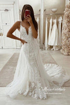 Vestido de novia rústico NumberSea de tul, corte sirena, escote en V y cola desmontable, MW973