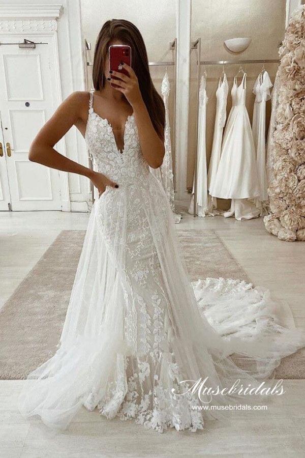 Vestido de novia rústico NumberSea de tul, corte sirena, escote en V y cola desmontable, MW973