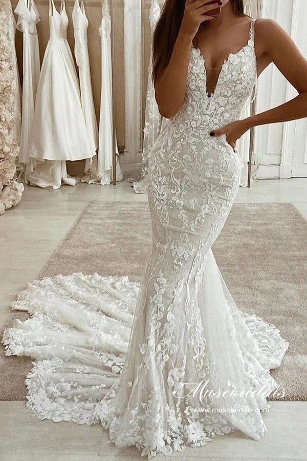 Vestido de novia rústico NumberSea de tul, corte sirena, escote en V y cola desmontable, MW973